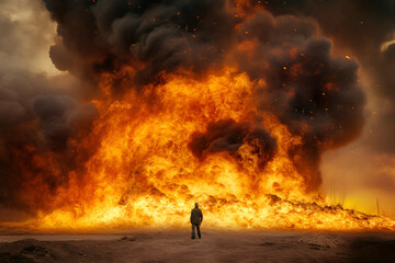 A man standing in front of big fire 