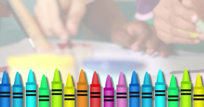 Animation of colored crayons icons against mid section of kids coloring in the class at school