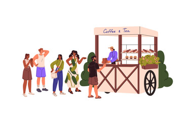 People waiting in queue at food cart. Men, women buying tea and coffee drinks, pastry at outdoor truck cafe. Vendor selling at street cafeteria. Flat vector illustration isolated on white background