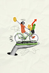 Vertical collage of black white effect arm through hold smart phone display mini girl ride bicycle...