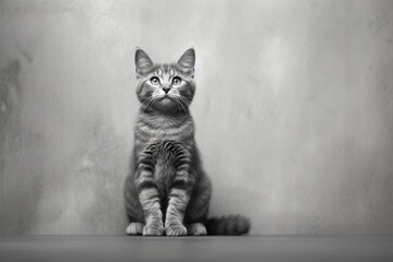 adorable cat against a monochrome wall against a gray background