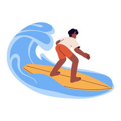 Happy boy riding surfboard, catching a wave. Active young man surfing on summer holidays. Surfer swimming in sea on board. Extreme water sport. Flat vector illustration isolated on white background