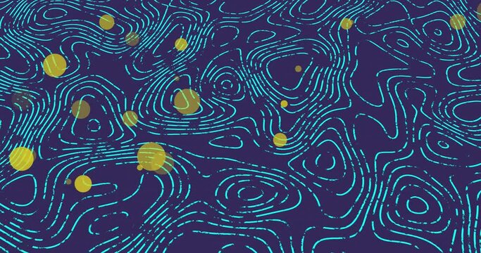 Animation of yellow spots over topography patterns in seamless pattern against blue background