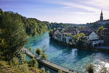 The Beautiful Emerald Waters of the Aare River in Bern Old Town - Switzerland