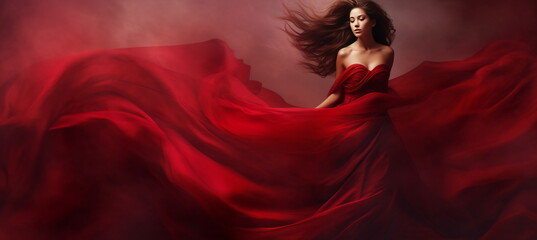 Woman in red waving dress dancing with flying fluttering fabric