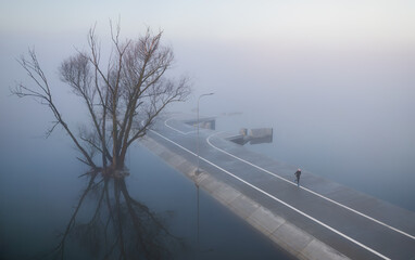 Morning running in the fog. Ferry slip before sunrise.