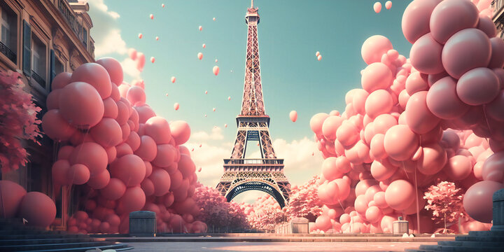 paris video background with pink balloons flying behind eiffel tower