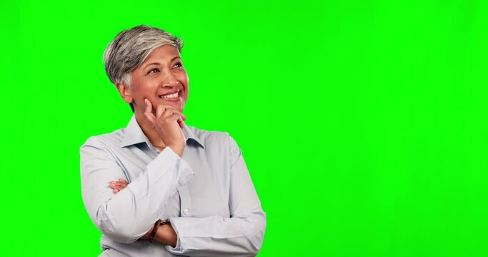 Green screen, thinking and senior woman with ideas, opportunity and elderly lady against a studio background. Female person, decision or model with problem solving, question or mindset with happiness