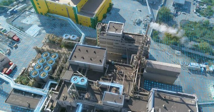 Concept of a modern factory, drone view. Flight over the modern factory. Modern factory aerial view. Digitalization of production