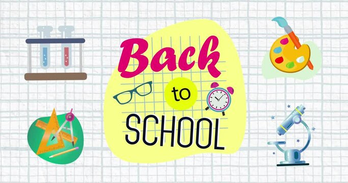 Animation of back to school text banner and school concept icons on white lined paper background