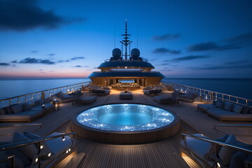 A beautiful shot of a pool on the yacht under a dark blue sky at night time