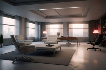 Fototapeta na wymiar a modern simple interior office, ultra realistic, less noice, empty no person, 32K uhd, generative ai