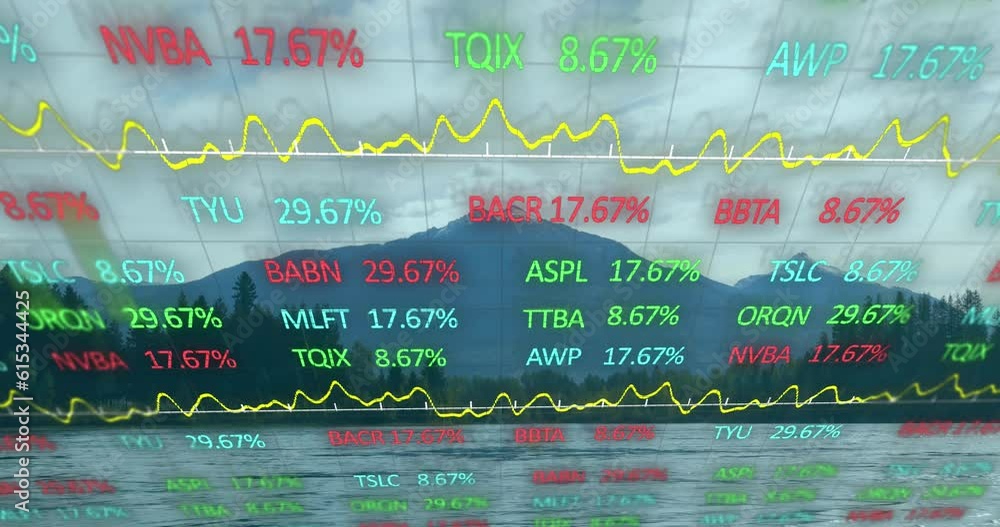 Poster animation of stock market data processing against landscape with mountains, trees and river