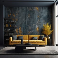 ฺBlack and grey luxurious living room with yellow sofa and dark decorative, in the style of crack dark concrete and yellow. Generative AI