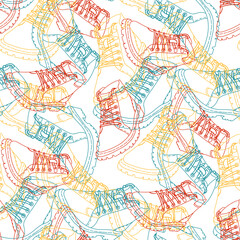 A pattern of fashionable winter boots for everyday walking, a colored contour of a boot with a seamless pattern. Casual and festive insulated shoes. Autumn, winter, spring background. For printing