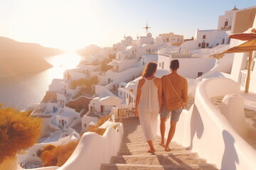 Beautiful young woman and man on their summer vacation walk on greek island Santorini - obrazy, fototapety, plakaty