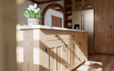 The interior of a large U-shaped kitchen with a wooden front and a large island