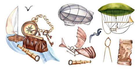 Set of sailing ship, aerostat, adventure items watercolor illustration isolated on white. Aircraft, dirigable, ancient map hand drawn. Childish design, element for boy's room, print, postcard
