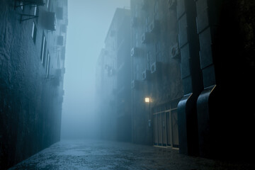 dark gloomy city street at night. background for crime. dark foggy abandoned city with glowing light, crime dark background.