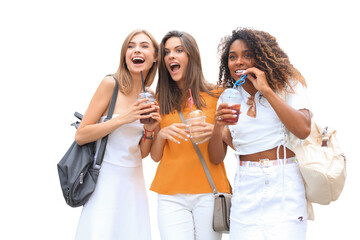 Three trendy cool hipster girls, friends drink cocktail on a transparent background