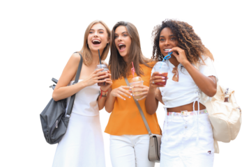 Three trendy cool hipster girls, friends drink cocktail on a transparent background