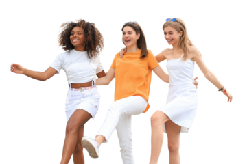 Three young smiling hipster women in summer clothes posing on a transparent background. Female showing positive face emotions. Dancing.