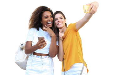 Two young smiling hipster women in summer clothes posing on a transparent background. Female showing positive face emotions.