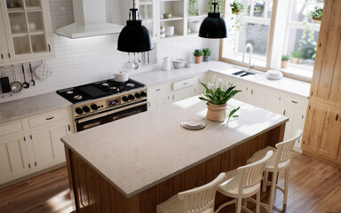 The interior of a large U-shaped kitchen with a wooden front and a large island