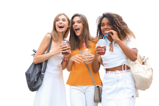 Three trendy cool hipster girls, friends drink cocktail on a transparent background