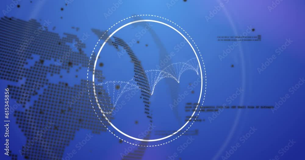 Aufkleber animation of spinning dna structure, spinning globe and data processing against blue background