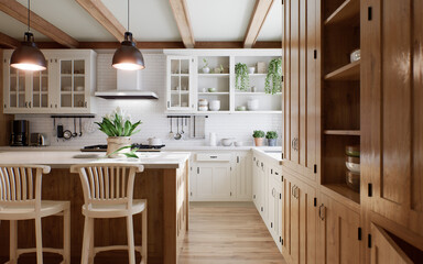The interior of a large U-shaped kitchen with a wooden front and a large island