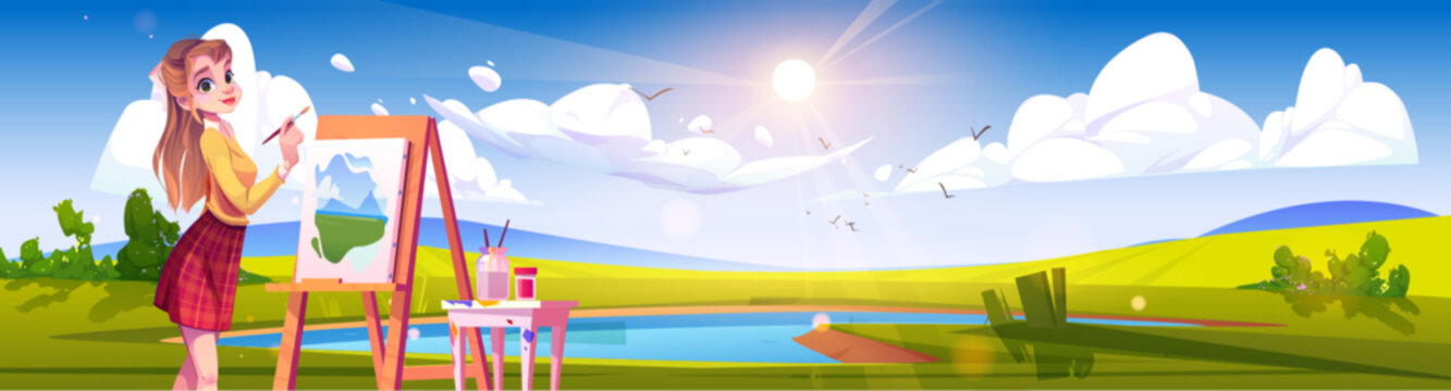 Young woman painting summer landscape. Vector cartoon illustration of female artist drawing beautiful lake in green valley, birds flying in blue sunny sky, enjoying art hobby. Design school banner