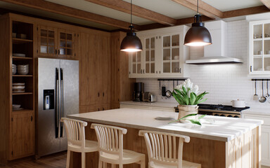 The interior of a large U-shaped kitchen with a wooden front and a large island
