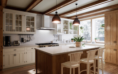 The interior of a large U-shaped kitchen with a wooden front and a large island