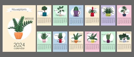 Colorful calendar 2024 in vertical A4, A3 format. Week starts on Sunday. Calendar for 2024 by months with cover, with color spots and home plants. Houseplants calendar isolated on grey background.