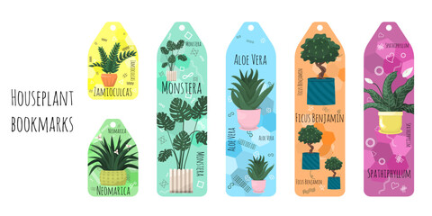 Set of 6 colorful bookmarks with houseplants, flower names, symbols and line elements. Flat illustration with doodle elements. Bookmarks isolated on a white background.