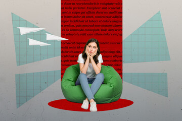 Photo collage artwork picture of bored unhappy lady tired getting knowledge isolated graphical...