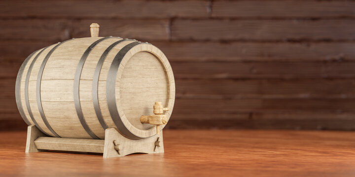 Wooden barrel with faucet mounted horizontally against dark wooden background. copy space. 3d rendering