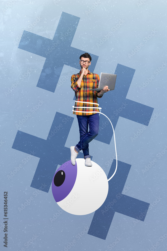 Aufkleber Composite collage of thoughtful brainstorming guy use laptop eyeball watching espionage hacker cyber security isolated on blue background