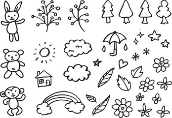 手描きのガーリーなかわいいイラストのセット