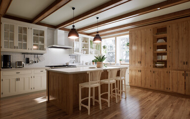 The interior of a large U-shaped kitchen with a wooden front and a large island