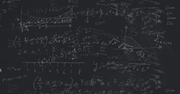Animation of mathematical equations, formulas and diagrams floating against grey background