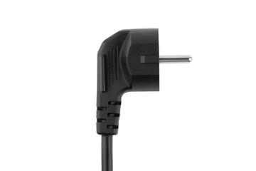 Plug connection from the power supply of a personal computer on a white background. Wire with a plug close-up cut out on a white background.