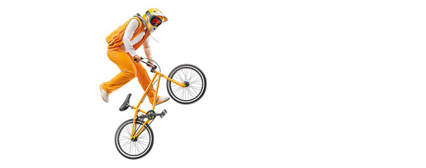 Realistic silhouette of a bmx rider, man is doing a trick, isolated on white background. Cycling...