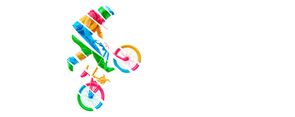 Abstract silhouette of a bmx rider, man is doing a trick, isolated on white background. Cycling...