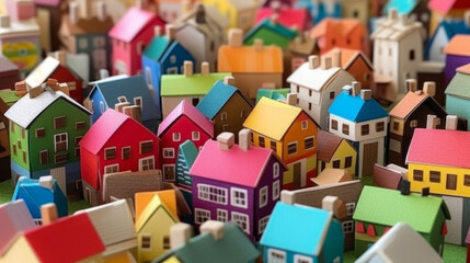 Obraz na płótnie Canvas Multicolored Paper Miniature Houses In The Form Of A Small Town Created With The Help Of Artificial Intelligence