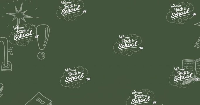 Animation of back to school text banners in seamless pattern and icons against grey background