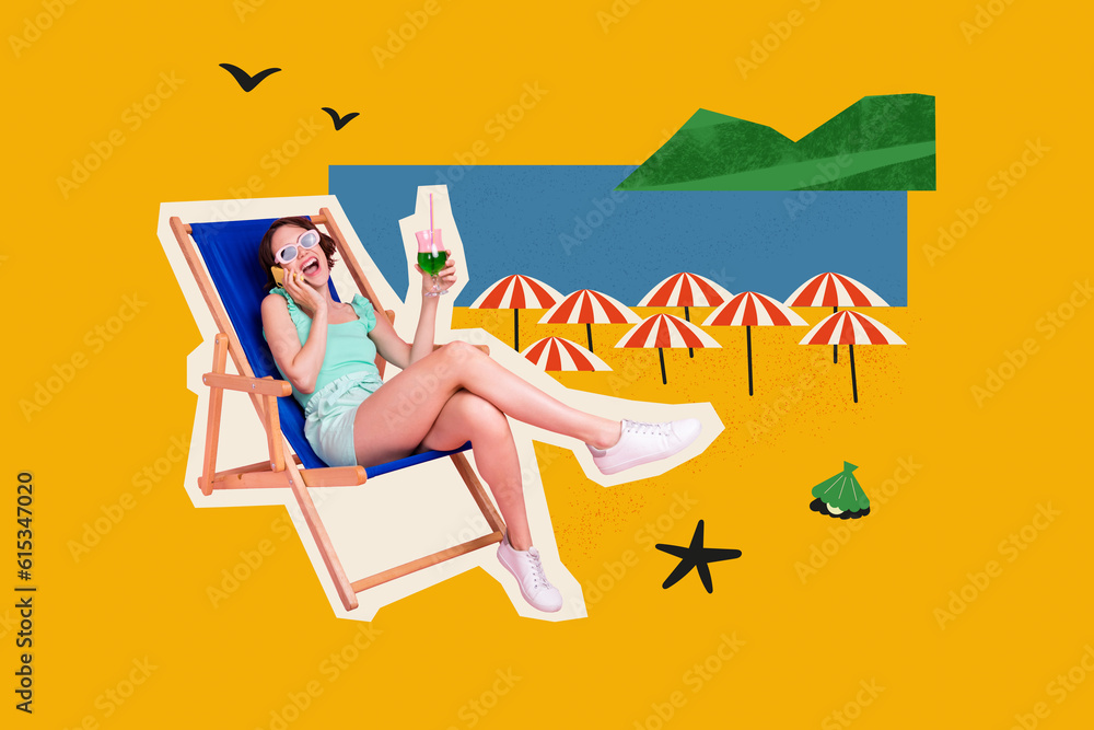 Sticker Drawing image poster banner collage of excited lady enjoying her summer season vacation speaking with friend on cell smart gadget