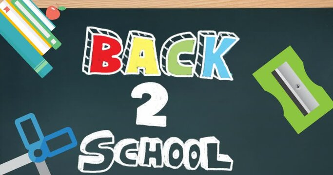 Animation of back to school text banner and school concept icons falling against chalkboard