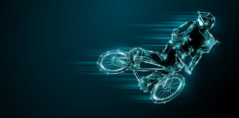 Abstract silhouette of a bmx rider, man is doing a trick, isolated on black background. Cycling sport transport. illustration